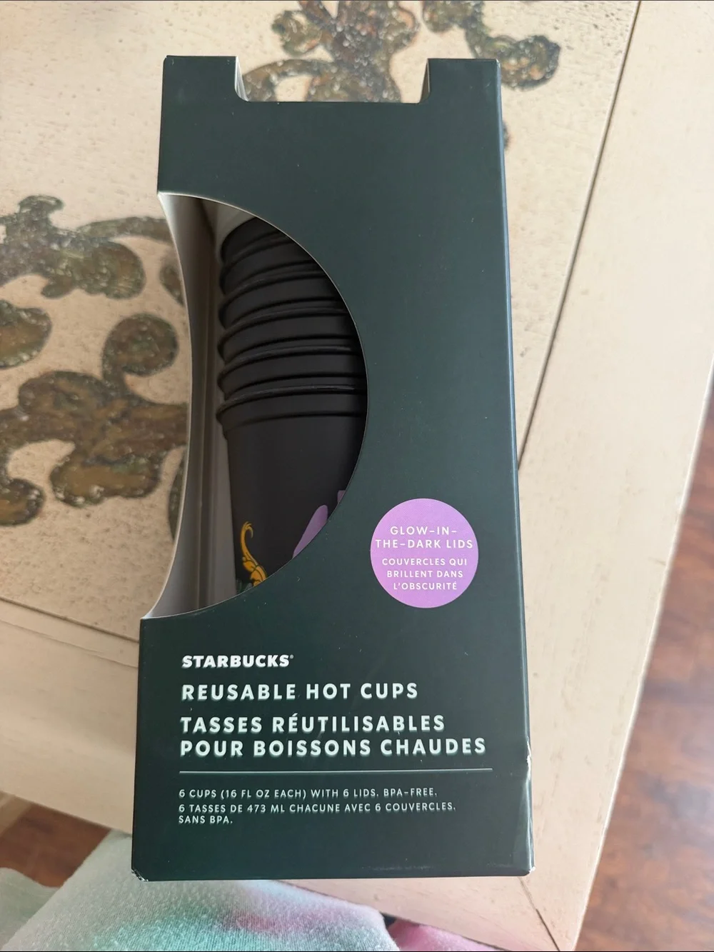 Starbucks Black Reusable Hot Cups with Purple Glow-In-The-Dark Lids